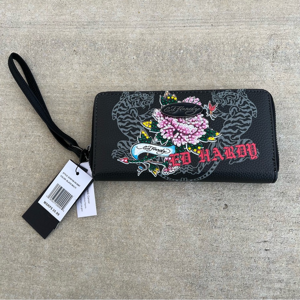 NWL Ed Hardy Black Floral Zip Wristlet Wallet